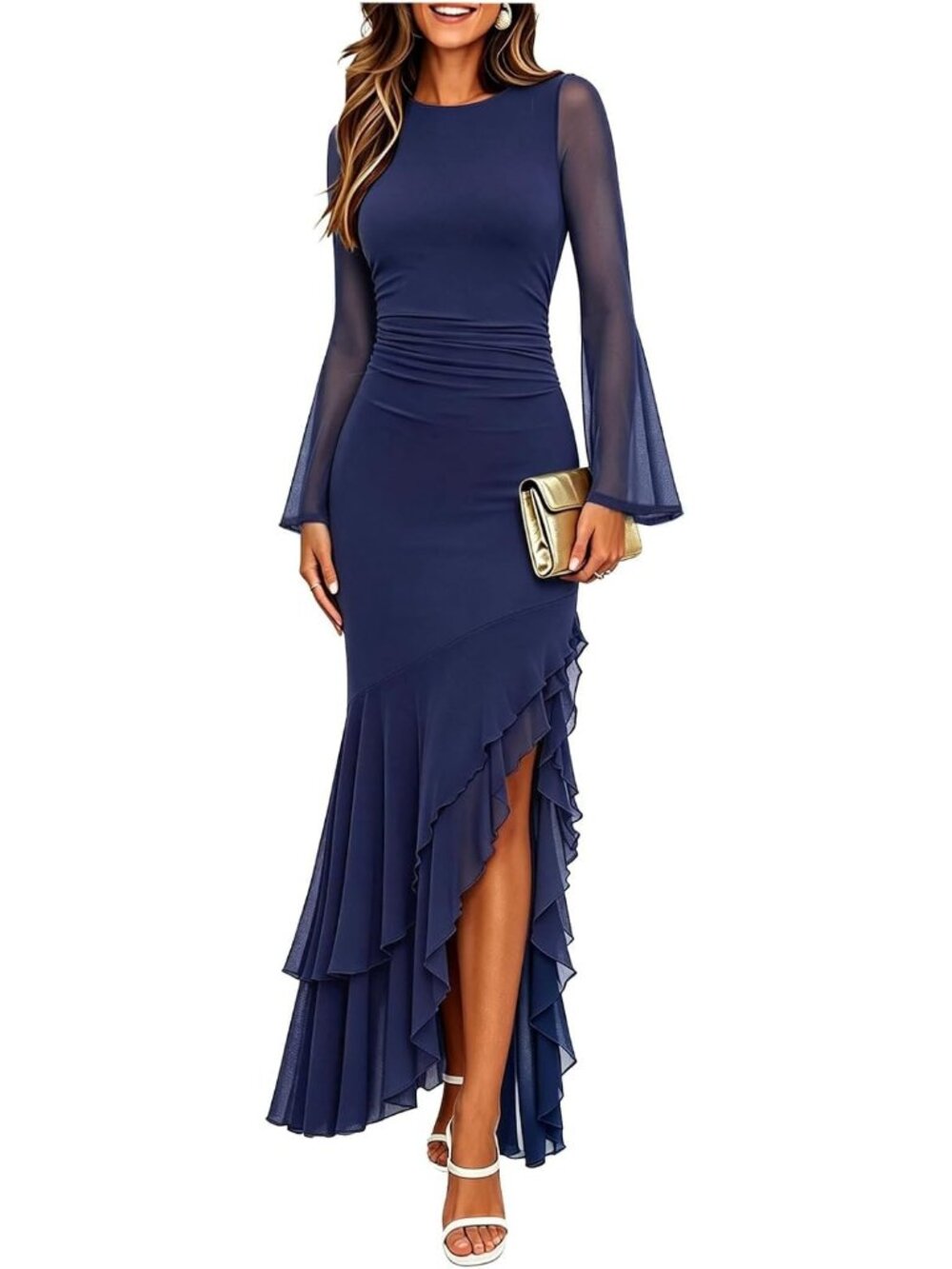 Women's Navy Bodycon Mermaid Cocktail Long Sleeve Formal Wedding Maxi Dresses